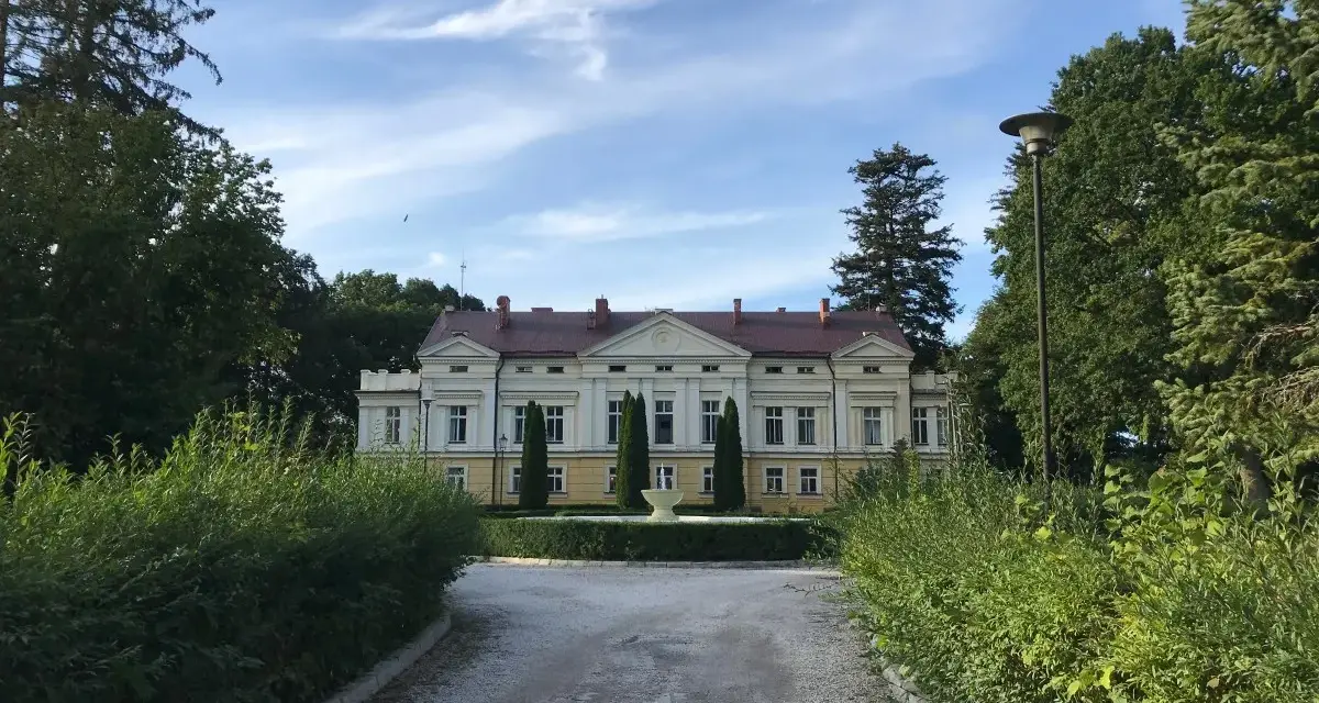 Pałac w Sasinie otoczony zielenią, z podjazdem i fontanną przed fasadą.
