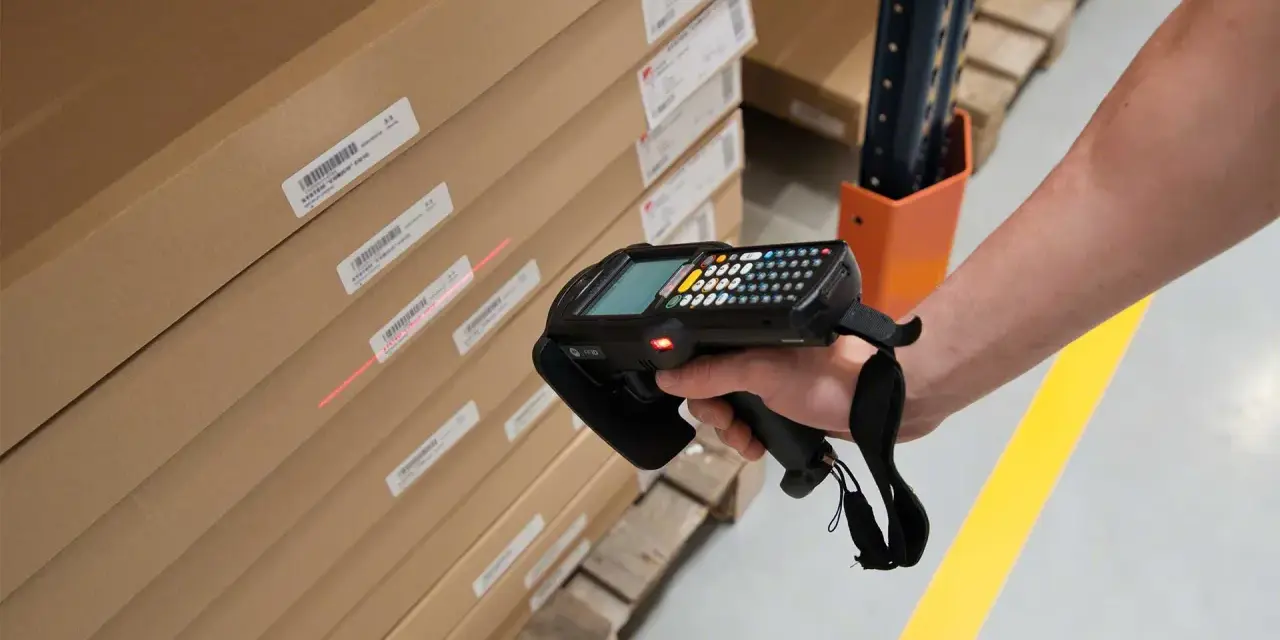 Mano escaneando cajas apiladas con un dispositivo, usando la **fórmula de Wilson** para optimizar el inventario.
