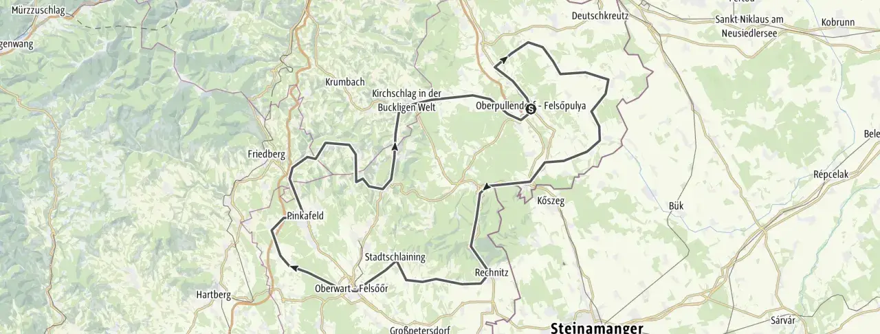Mappa di un percorso in moto attraverso l'Ungheria e l'Austria, con tappe a Oberwart, Kőszeg e altri luoghi.