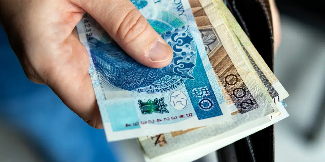 Dłoń trzyma polskie banknoty 50 i 200 zł. Zastanawiasz się nad nowymi zasadami przejścia na emeryturę? Tabela z wyliczeniami pomoże!