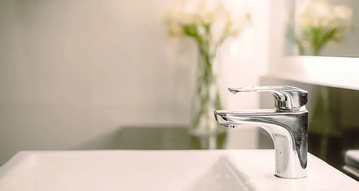 Rubinetto cromato o acciaio lucido su lavandino bianco, con fiori sfocati sullo sfondo.