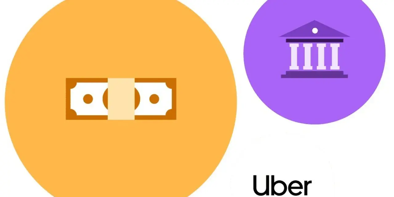 Symbol pieniądza i banku obok logo Uber. Prowizja Uber może być pobierana od każdej transakcji.