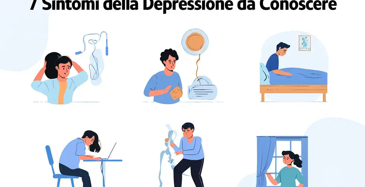 Illustrazioni di persone che mostrano sintomi di depressione e stanchezza: apatia, difficoltà a concentrarsi, isolamento, perdita di interesse.