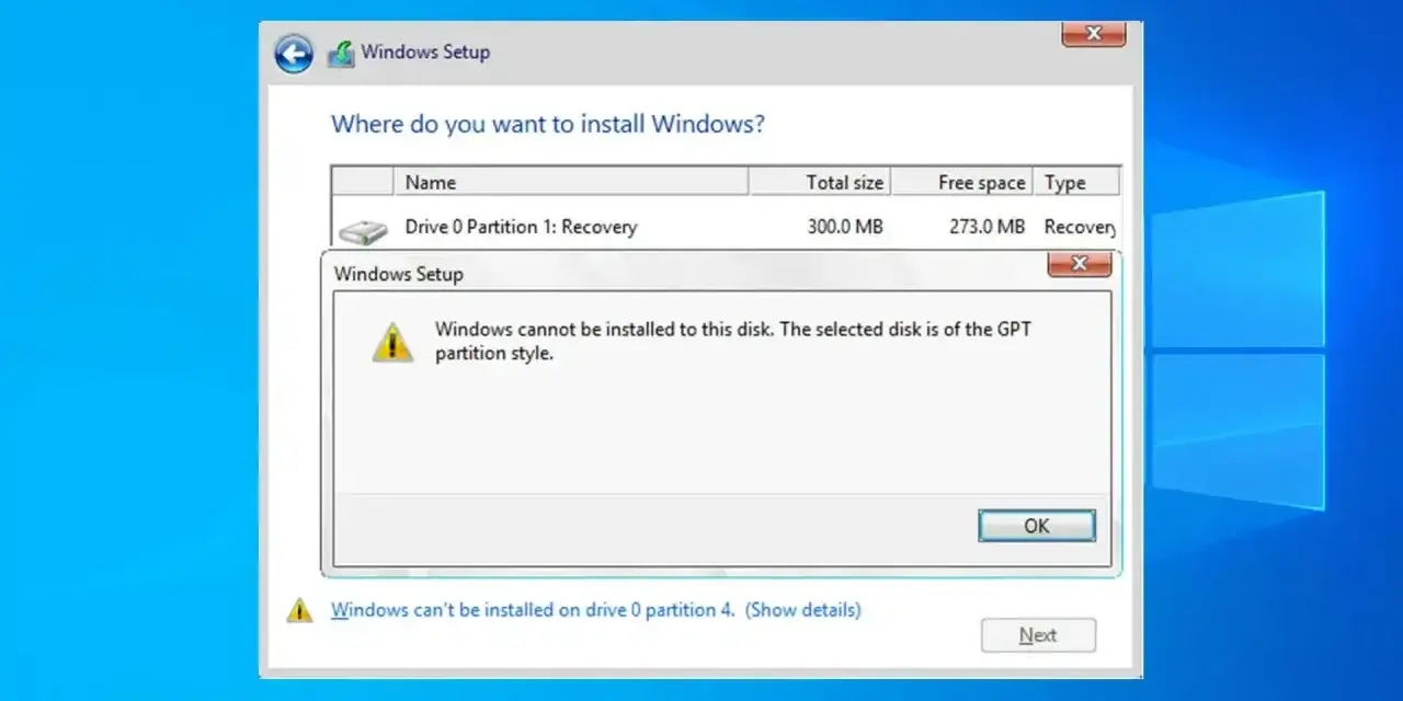Komunikat błędu instalatora Windows: nie można zainstalować systemu Windows na tym dysku, ponieważ jest on w stylu partycji GPT.