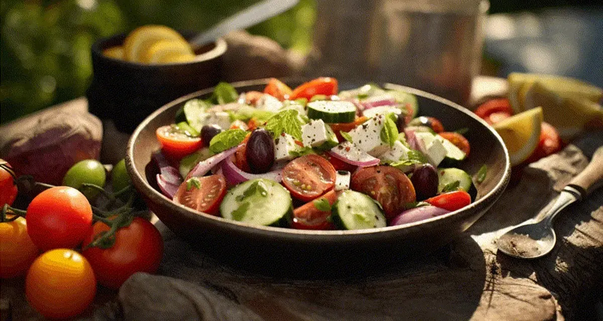 En härlig grekisk sallad med tomater, gurka, fetaost och oliver, serverad utomhus i solsken.