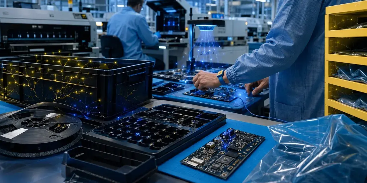 Workers in a cleanroom assemble electronics on a blue mat, surrounded by electrically safe plastics and components.