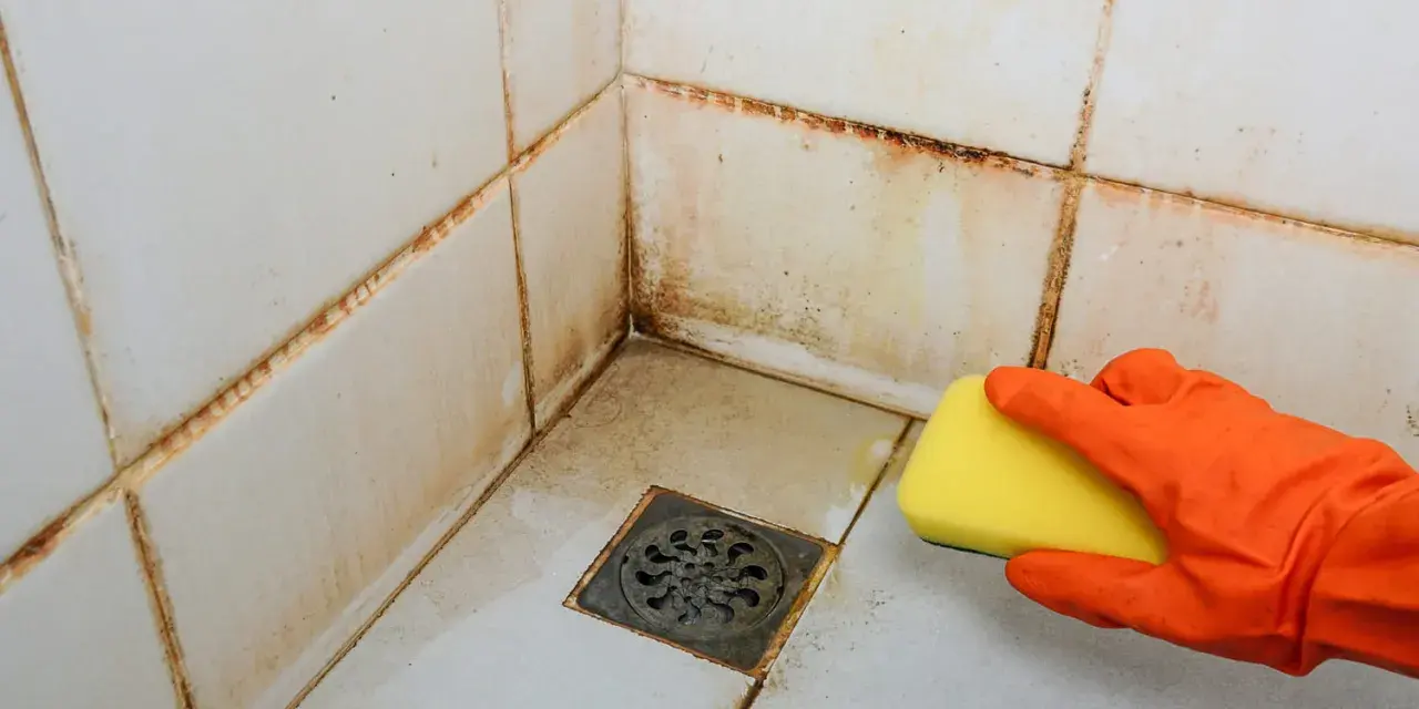 Main d'une personne portant un gant orange, utilisant une éponge jaune pour nettoyer le joint de carrelage sale dans une douche.