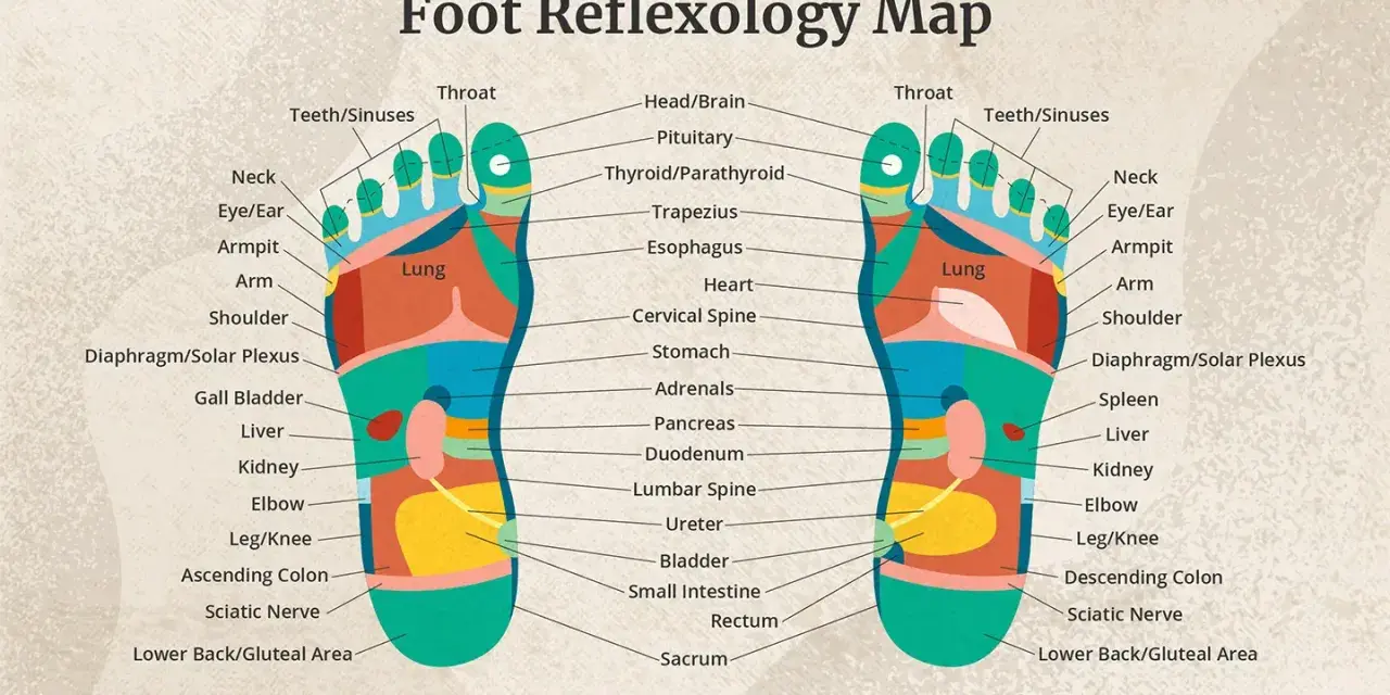 Foot reflexology map showing what a foot massage does for various body parts, from head to lower back.