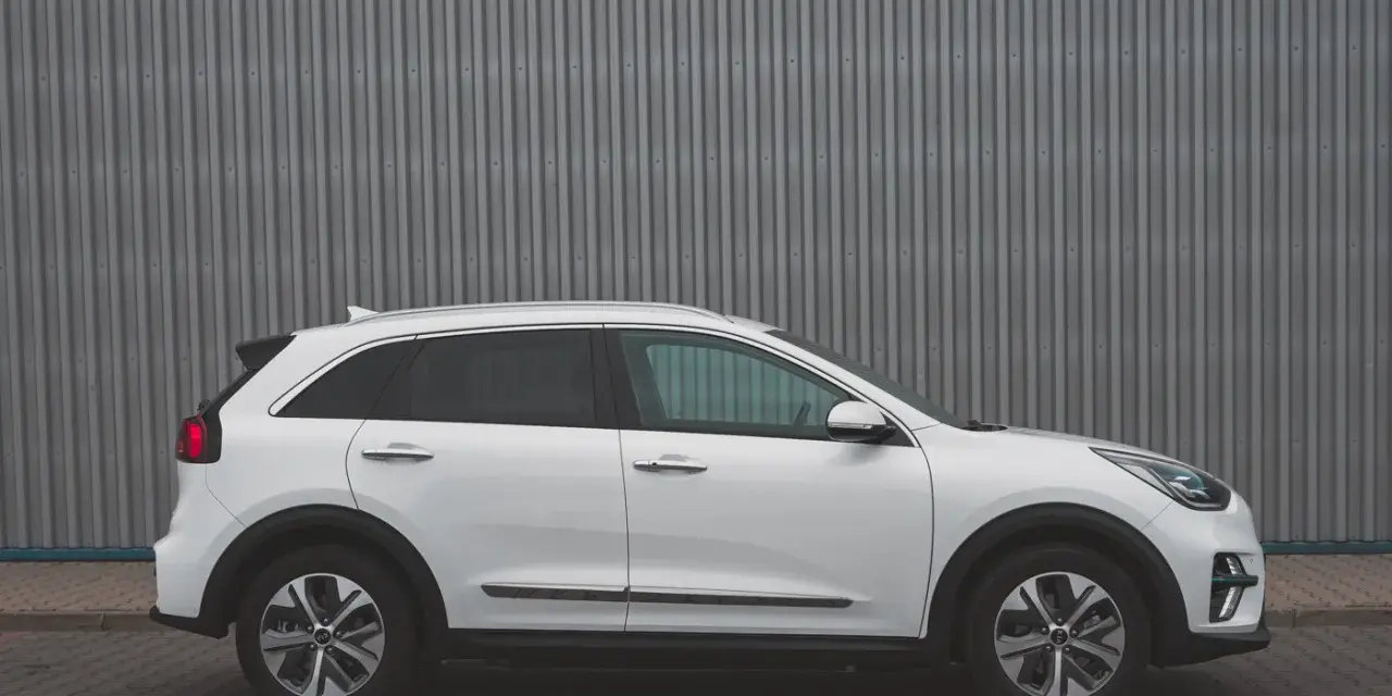 Biały Kia Niro EV widziany z boku na tle szarej, falistej ściany.