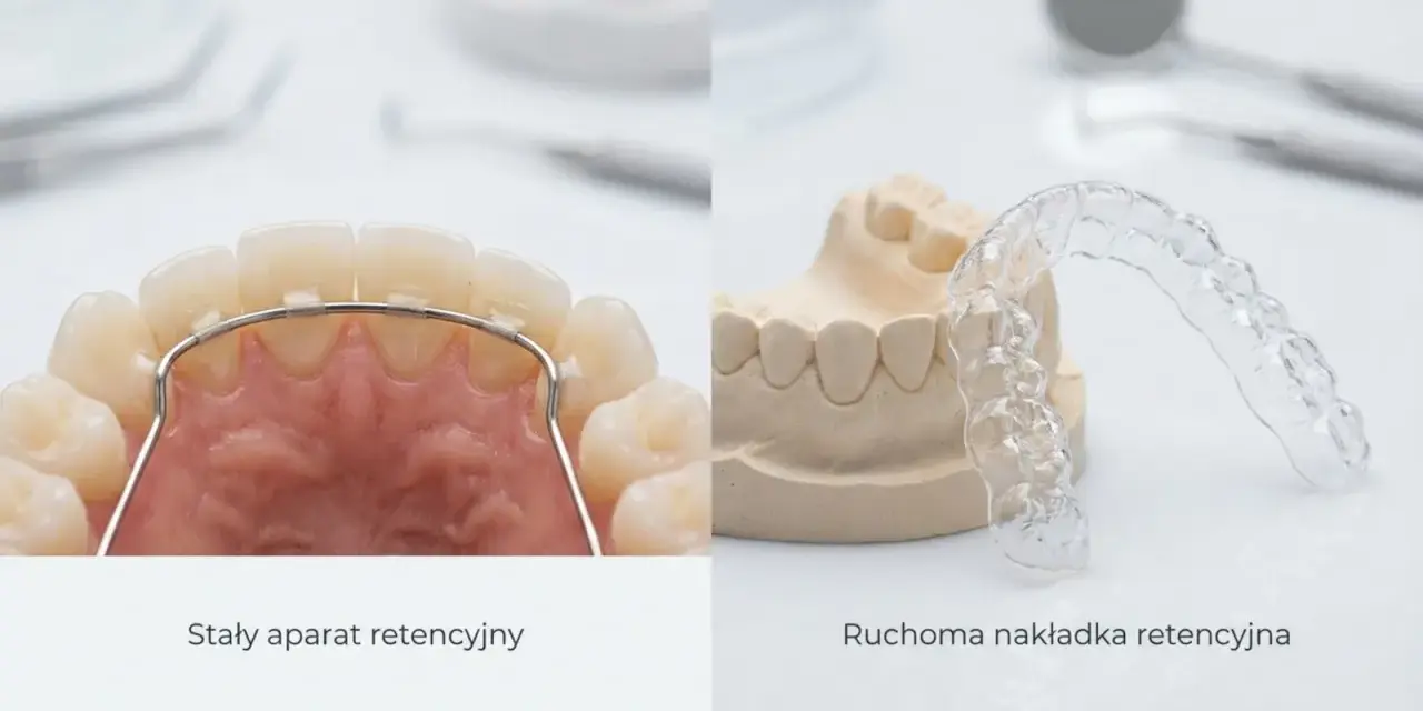 Stały aparat retencyjny na zębach i ruchoma nakładka retencyjna na modelu.