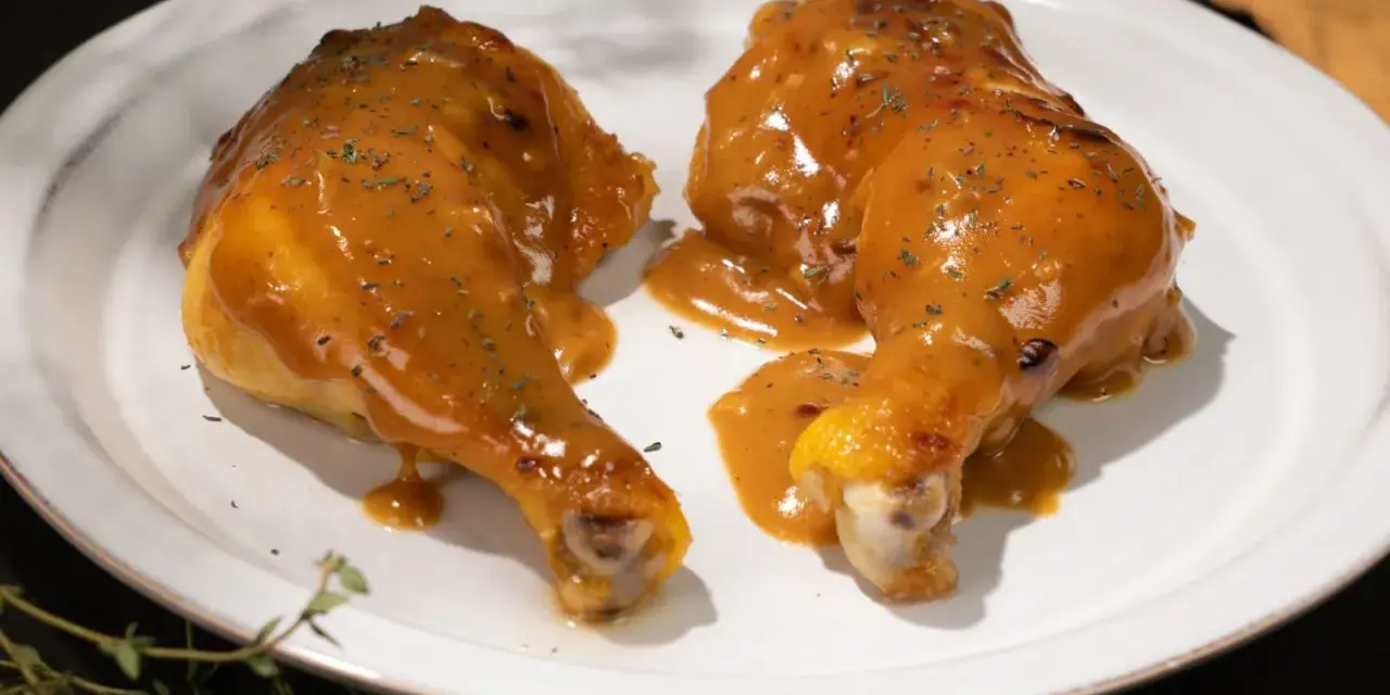 Dos jugosas piernas de pollo a la mostaza, cubiertas con una salsa dorada y espolvoreadas con hierbas, servidas en un plato blanco.