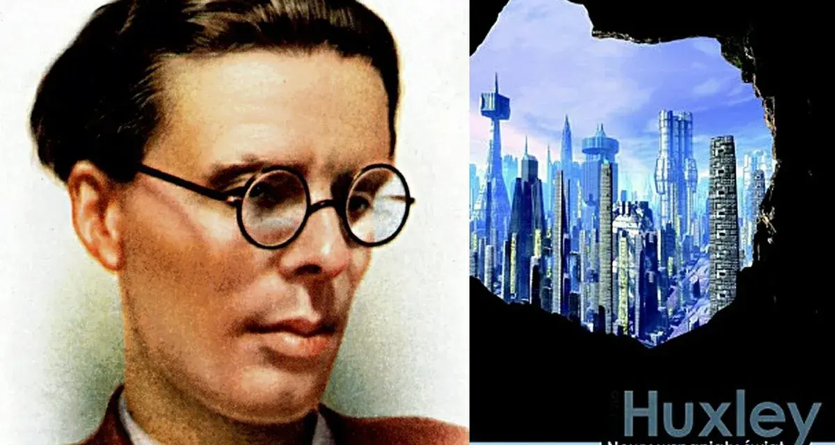 Portret Aldousa Huxleya obok futurystycznego miasta, wizji antyutopii z "Nowego wspaniałego świata".