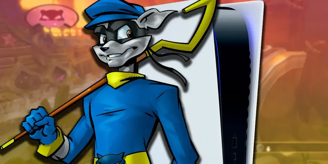 Sly Cooper 5, el astuto zorro ladrón, posa con su bastón junto a una consola PS5.