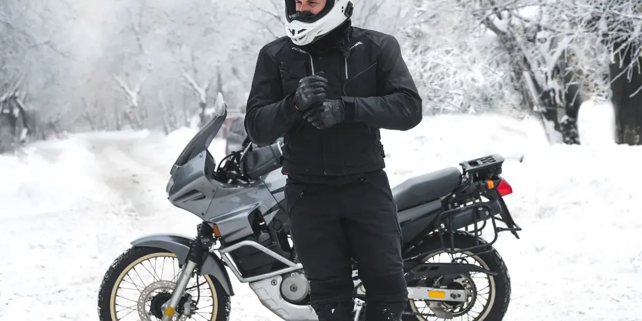 Motociclista con casco bianco e abbigliamento invernale nero, pronto per un'avventura in moto inverno su una strada innevata.