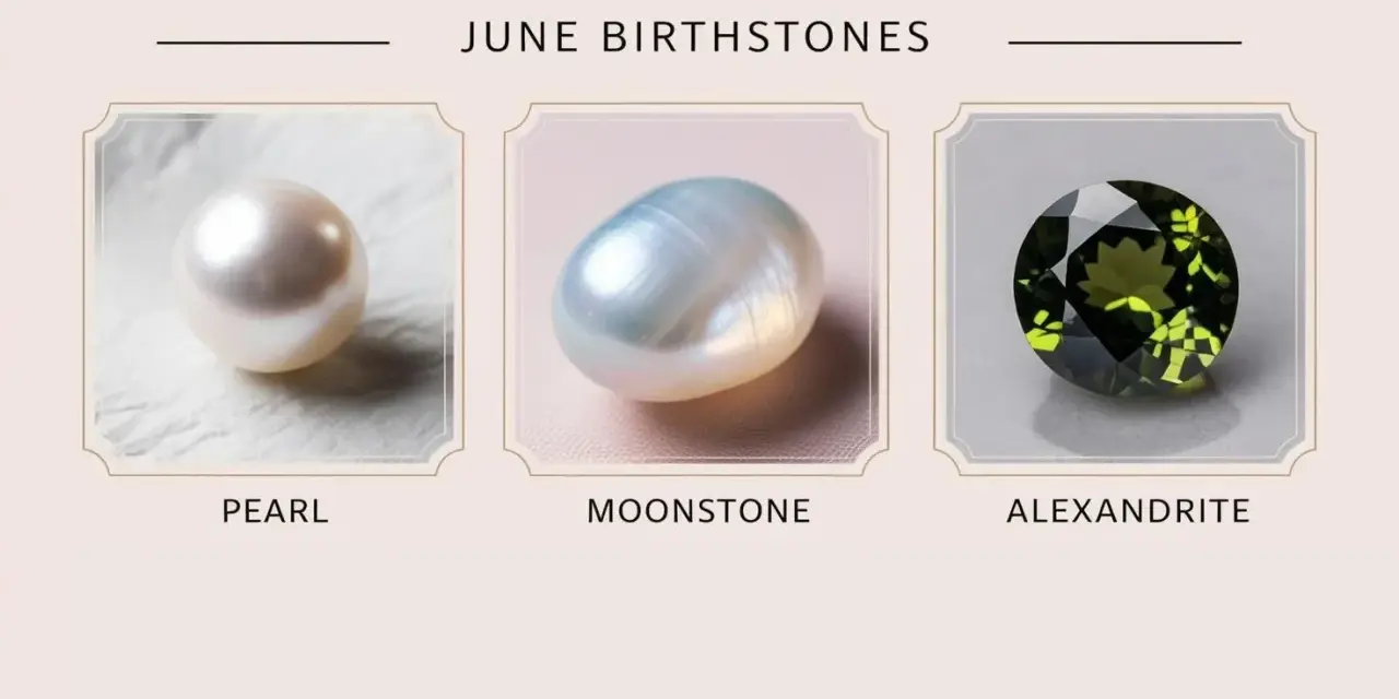 June birthstones: a lustrous pearl, an iridescent moonstone, and a vibrant alexandrite.