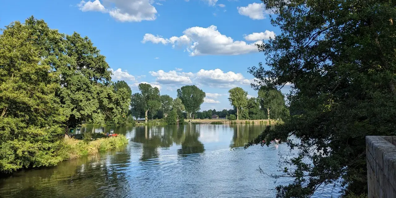 Sommerliche Idylle am badesee bamberg. Grüne Bäume spiegeln sich im ruhigen Wasser, der Himmel ist blau mit weißen Wolken.