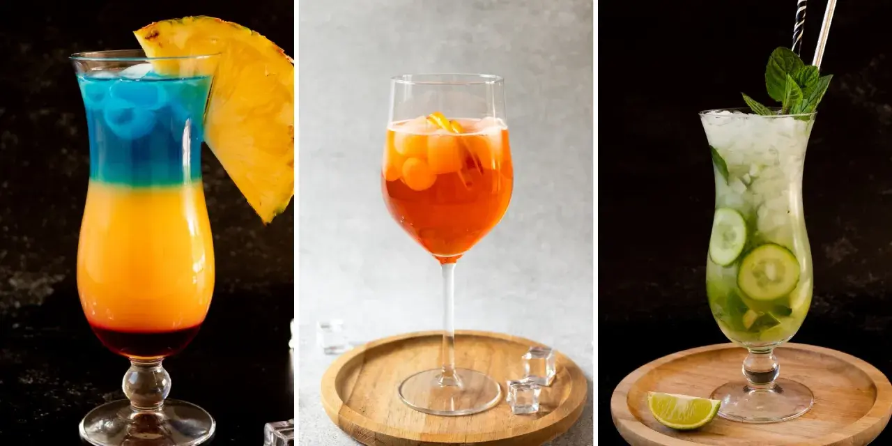 Kolorowy drink przepis: tropikalny, pomarańczowy i zielony koktajl z owocami i miętą. Idealne na lato.