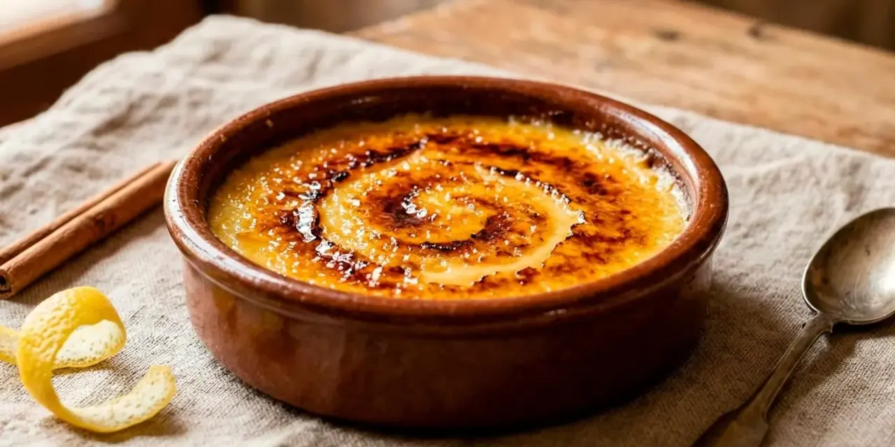 Crema catalana receta: postre con costra de caramelo tostado, canela y piel de limón.