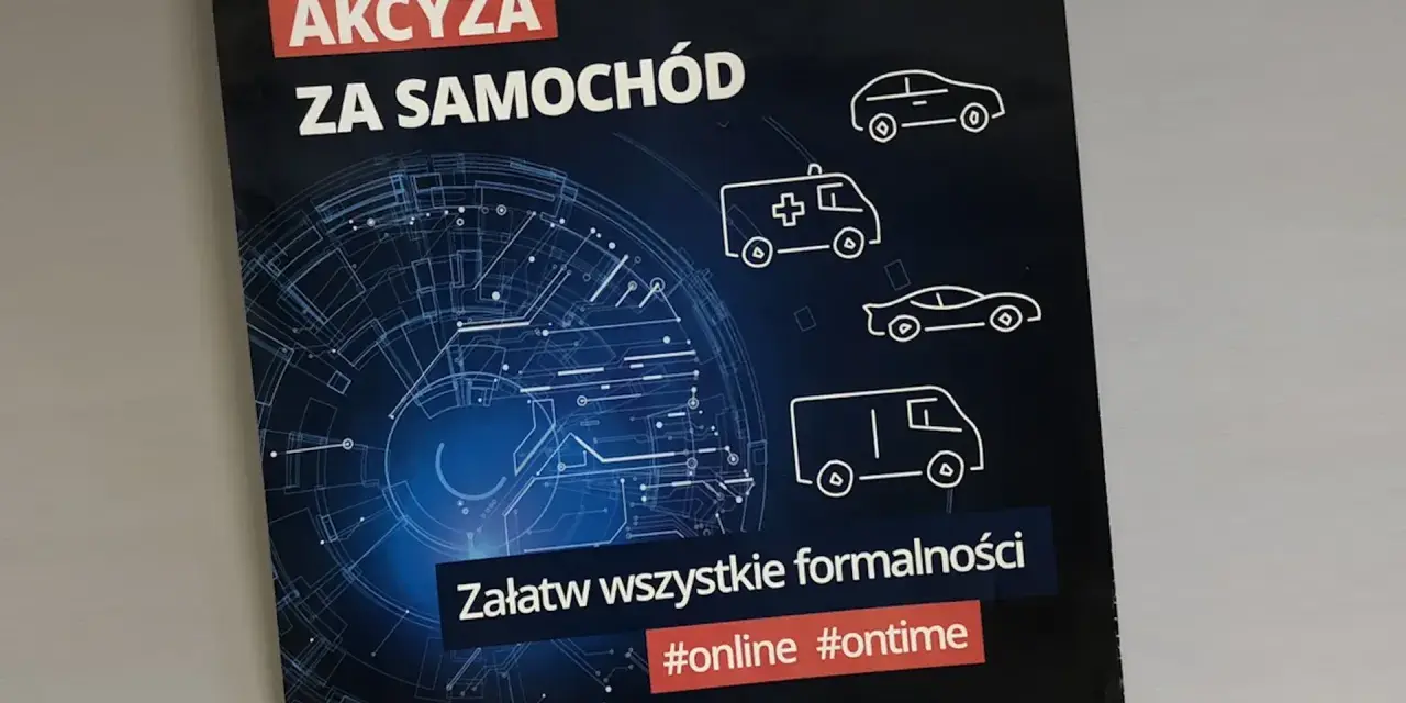 Akcyza za samochód – załatw formalności online i ontime. Grafika przedstawia różne pojazdy: auto, karetkę, sportowy samochód i vana.