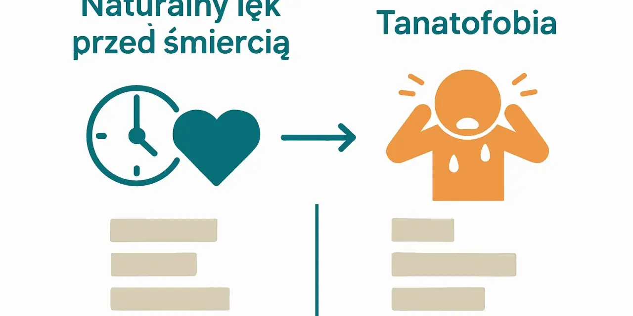 Naturalny lęk przed śmiercią (zegar, serce) ewoluuje w tanatofobię (przerażona, spocona postać).