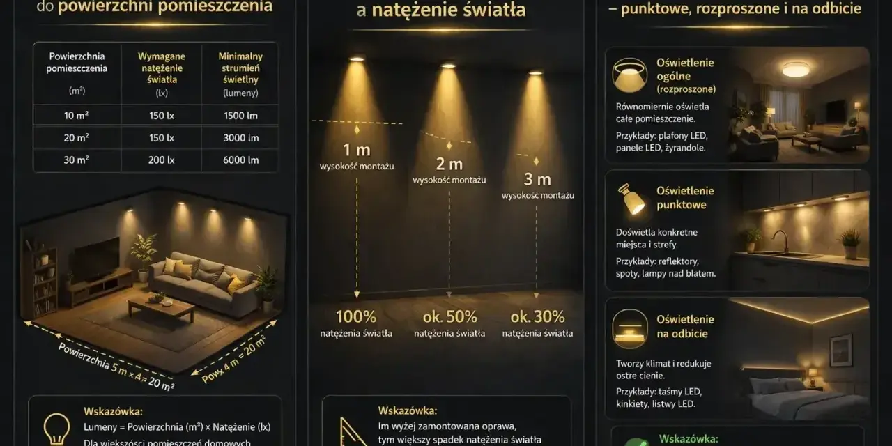 Wybór oświetlenia: lumeny i kelwiny. Tabela pokazuje, ile lumenów potrzeba na m², zależnie od natężenia światła (lx). Wykres ilustruje wpływ wysokości montażu na natężenie światła.