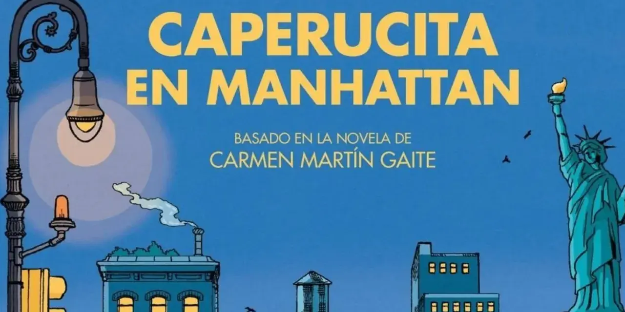 Ilustración de "Caperucita en Manhattan", con la Estatua de la Libertad y edificios neoyorquinos.