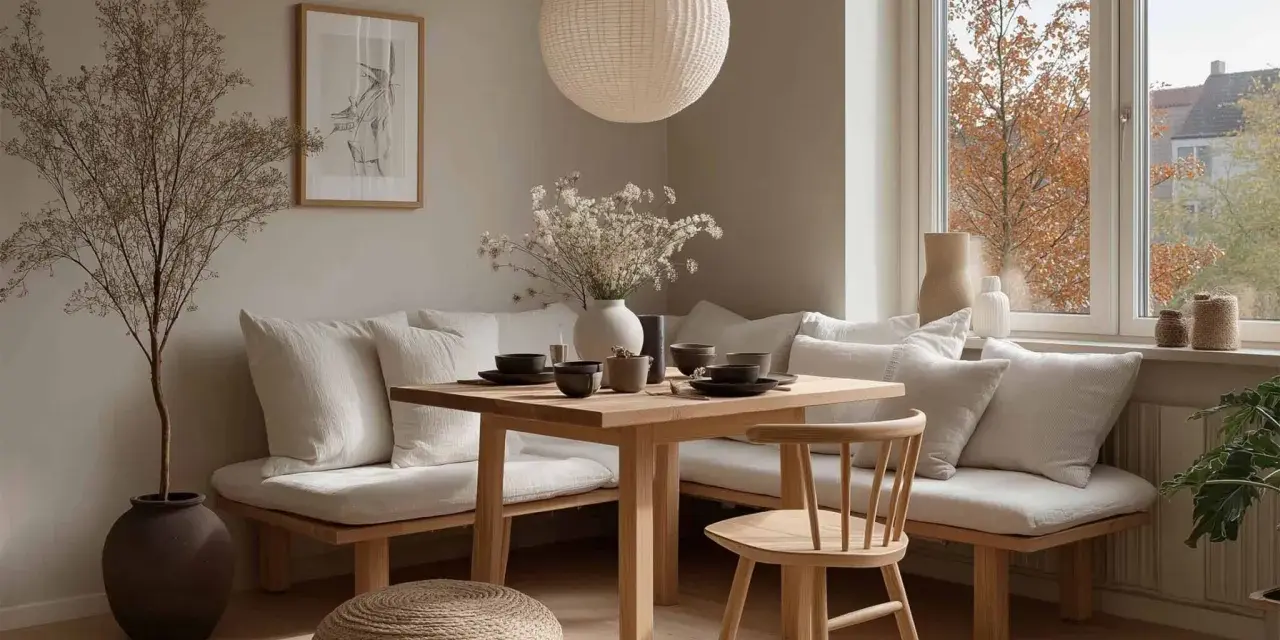 Gemütliche Ecke mit Holztisch, Bank und Stuhl. Tolle Ideen für ein kleines Esszimmer einrichten, mit Deko wie Vase und Bild.