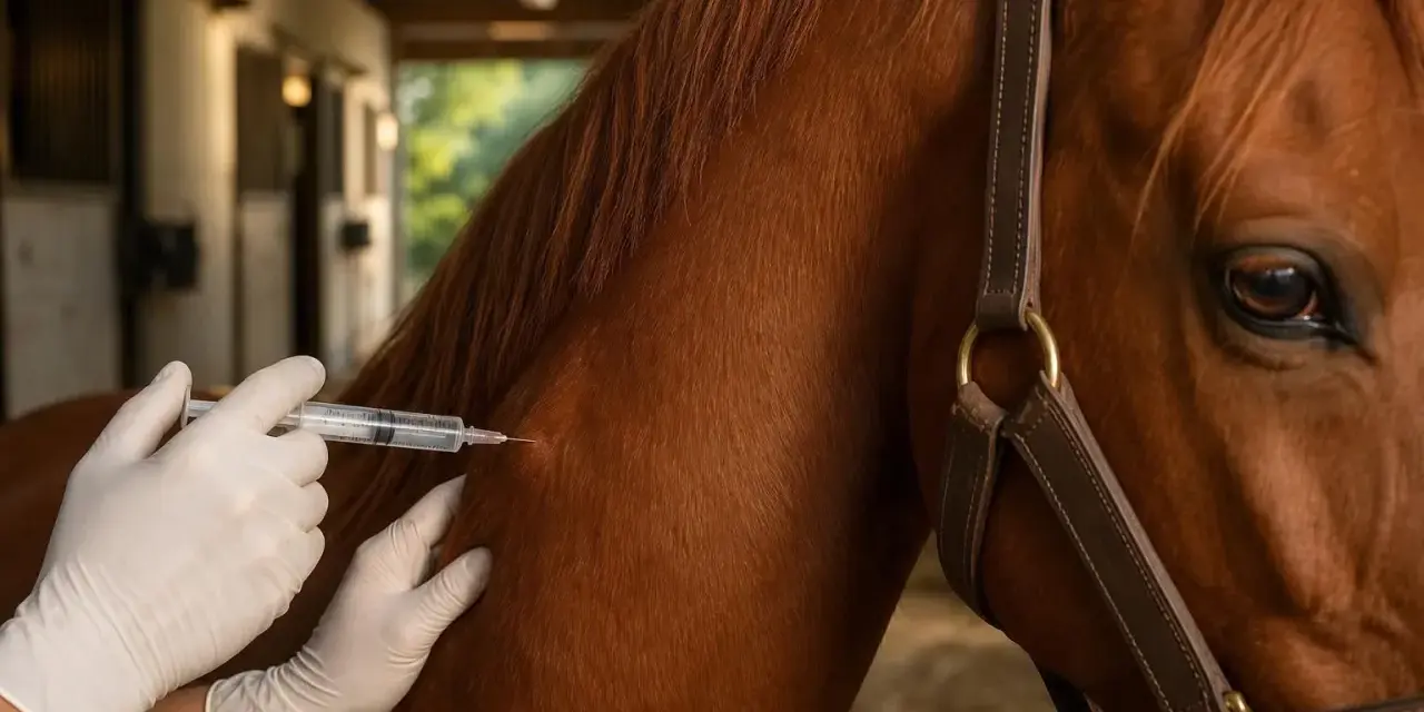 Un vétérinaire administre un vaccin à un cheval brun dans une écurie.
