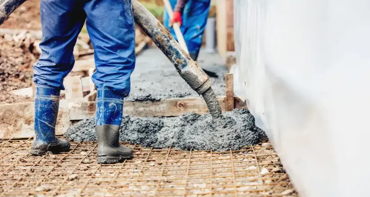 Pracownicy wylewają beton na zbrojenie. Sprawdź aktualny suchy beton cena 1m3.
