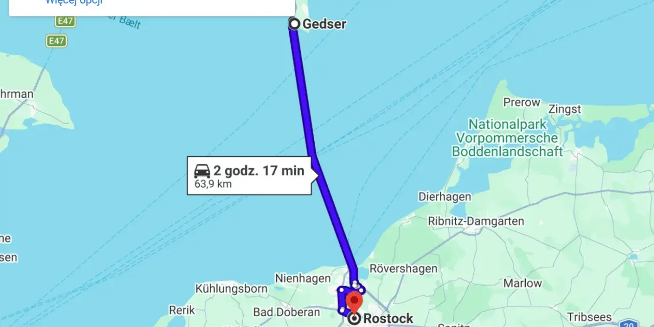 Trasa prom Rostock - Gedser. Podróż trwa 2 godz. 17 min, dystans 63,9 km.