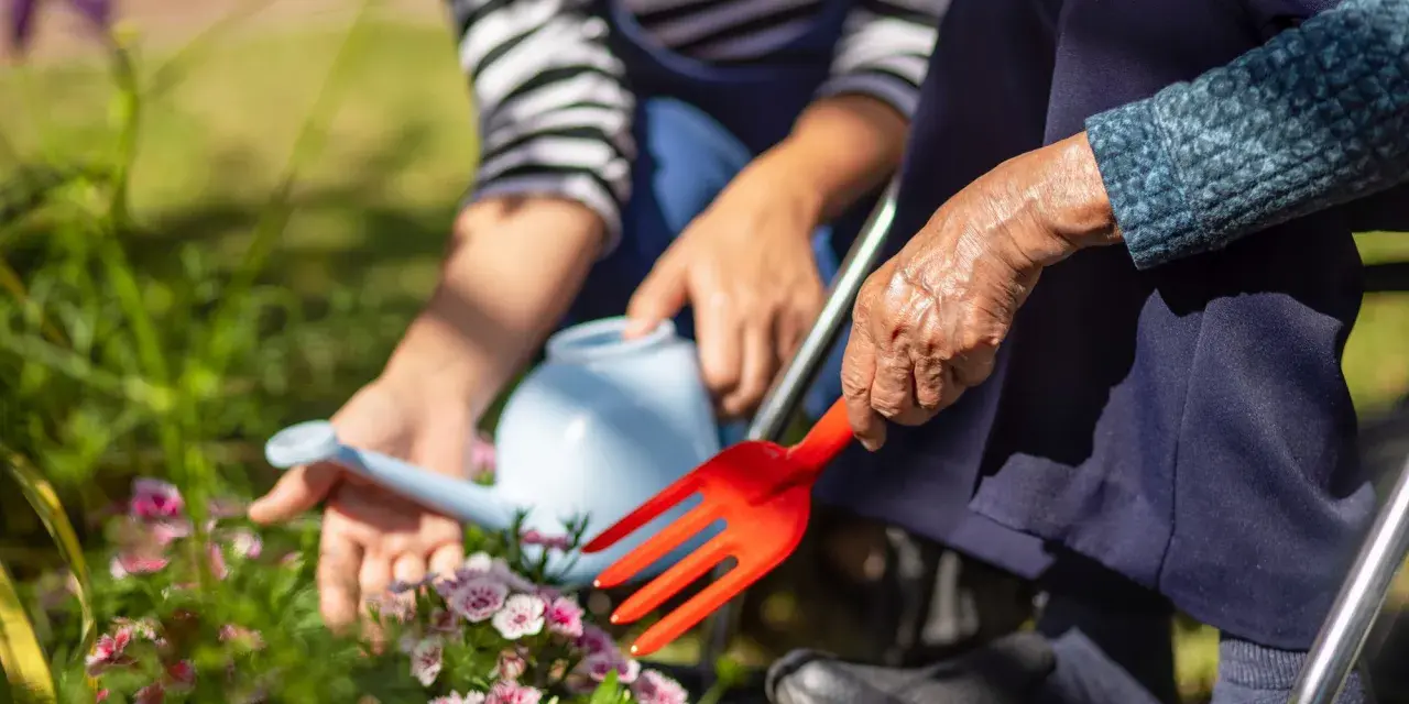 Ręce starszej osoby i młodszej osoby pielęgnują kwiaty. Terapia ogrodem przynosi spokój i radość.