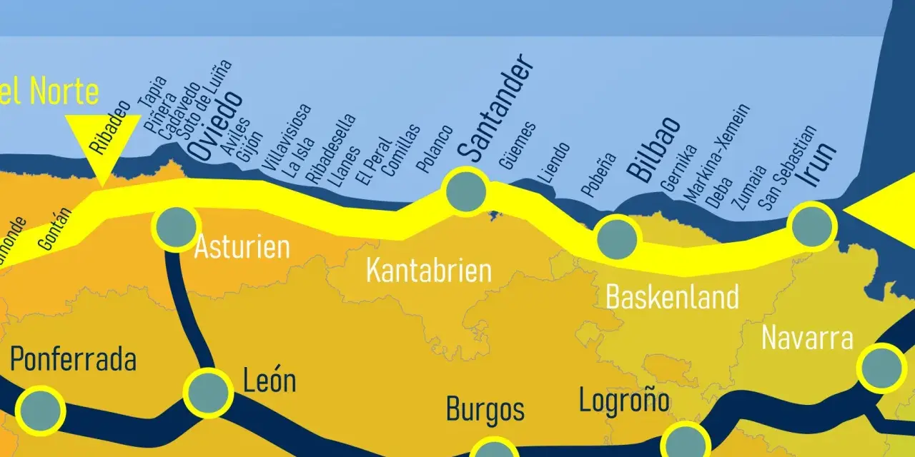 Karte des Jakobswegs in Nordspanien. Der Camino del Norte führt von Ribadeo über Oviedo, Santander und Bilbao nach Irun.