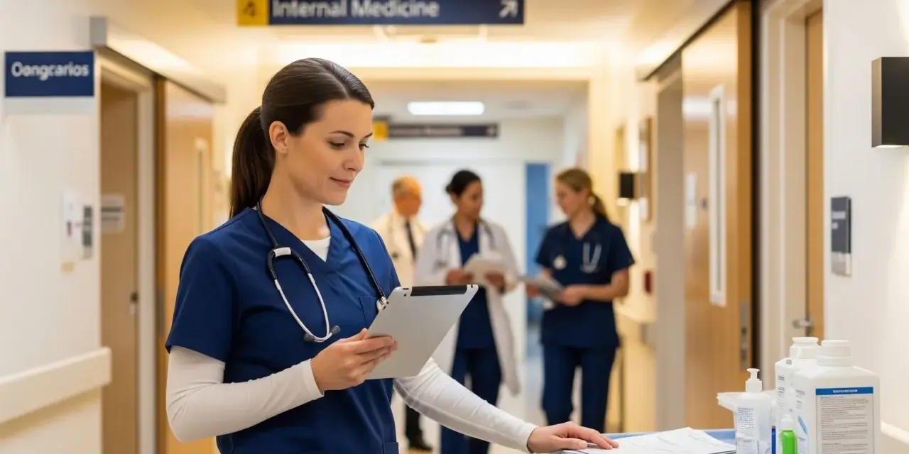 Pielęgniarka z tabletem w szpitalnym korytarzu, gdzie widnieje tabliczka "Internal Medicine". W tle inni pracownicy medyczni.