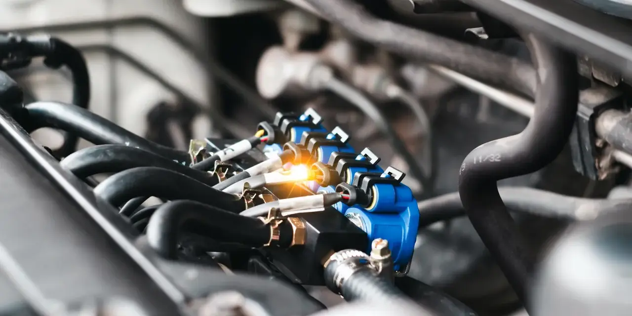 Close-up of a car's engine, focusing on a blue fuel injector rail with glowing orange light. This image might help you understand the fuel injector replacement cost.