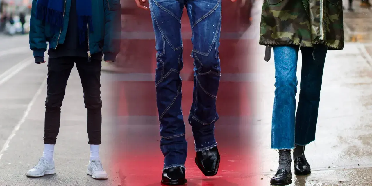 Tre persone mostrano diversi stili di pantaloni: skinny fit neri, jeans a sigaretta con cuciture a vista e jeans a zampa con orlo sfrangiato.