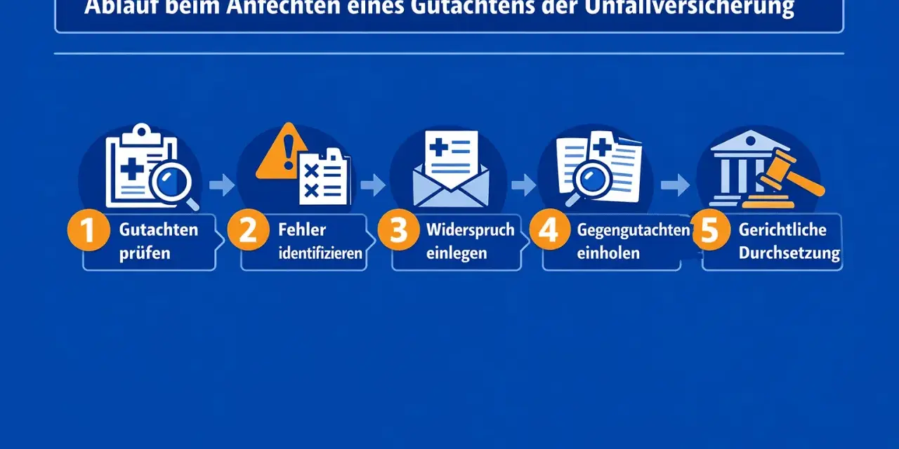 Schritte zur Anfechtung eines Gutachtens der Unfallversicherung: Gutachten prüfen, Fehler identifizieren, Widerspruch einlegen, Gegengutachten einholen, gerichtliche Durchsetzung. Nützliche Tipps für Ihr Gutachten.
