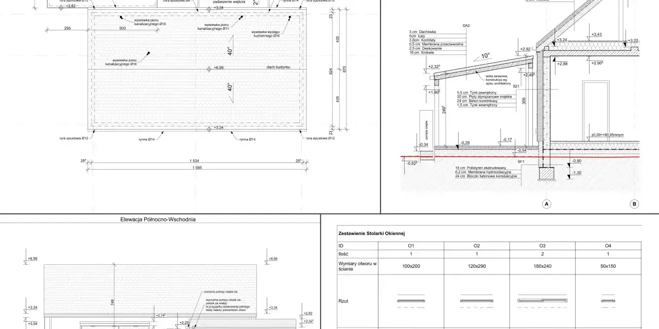 Projekt budowlany zawiera rzuty, przekroje i elewacje, które pokazują z czego składa się projekt budowlany, w tym detale konstrukcyjne i stolarkę okienną.