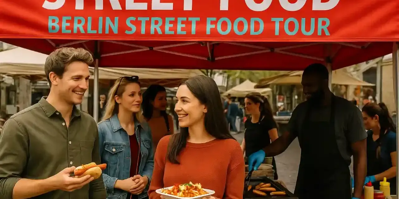 Glückliche Menschen genießen Hotdogs und Pommes auf einem Street Food Festival in Berlin.