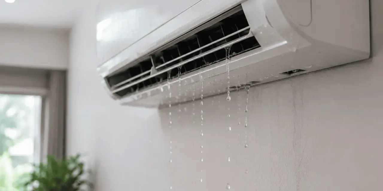 El aire acondicionado gotea agua de la unidad interior, formando un charco en la pared.