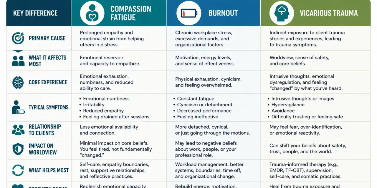 Chart comparing compassion fatigue, burnout, and vicarious trauma for mental health clinicians, highlighting causes, symptoms, and recovery strategies, emphasizing compassion and understanding.