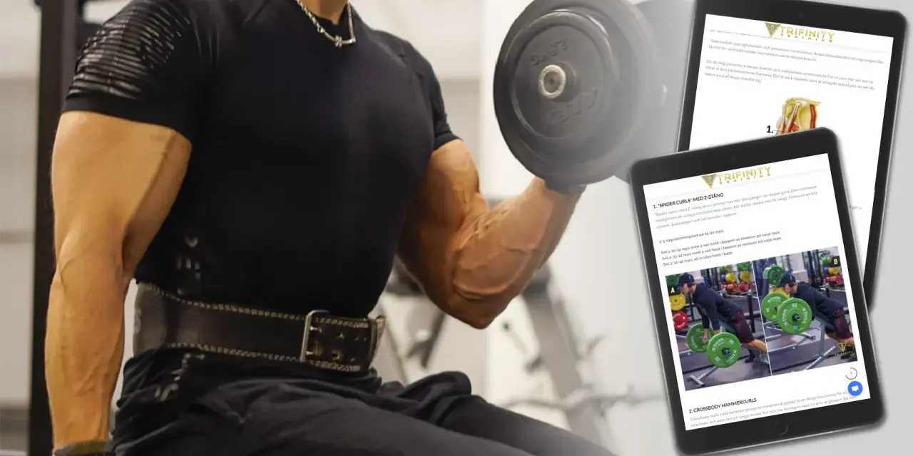 En man utför bicepscurl med stång. En surfplatta visar övningar för armar, inklusive "Spider Curls".