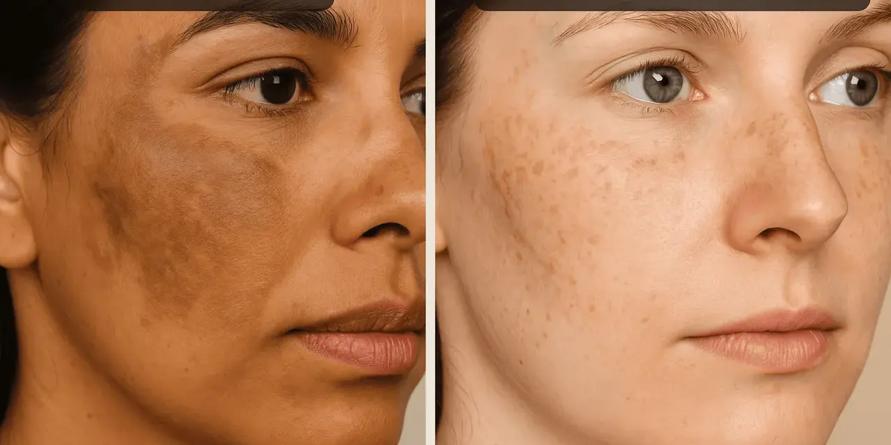 Vergleich von Melasma auf der Stirn mit diffuser Hyperpigmentierung im Gesicht.