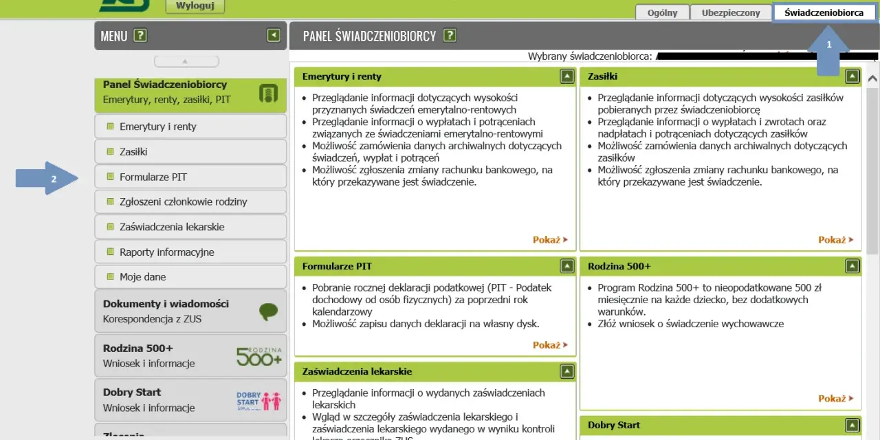 Panel boczny z menu ZUS: Emerytury, renty, zasiłki, PIT, formularze, zaświadczenia lekarskie.