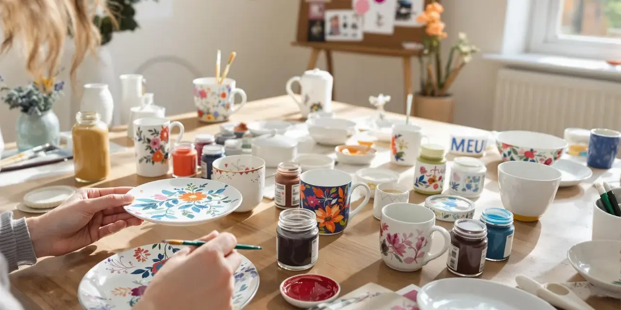 En person målar blommor på en mugg. Bordet är fullt av muggar, tallrikar och färger, redo för kreativt måla på muggar.
