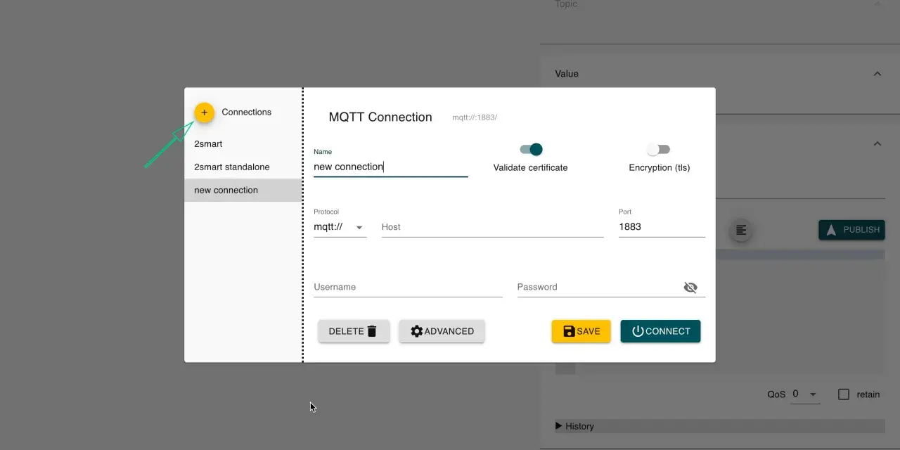 MQTT Explorer interface showing a new connection dialog. The user is creating a "new connection" with protocol "mqtt://", host, username, and password fields.