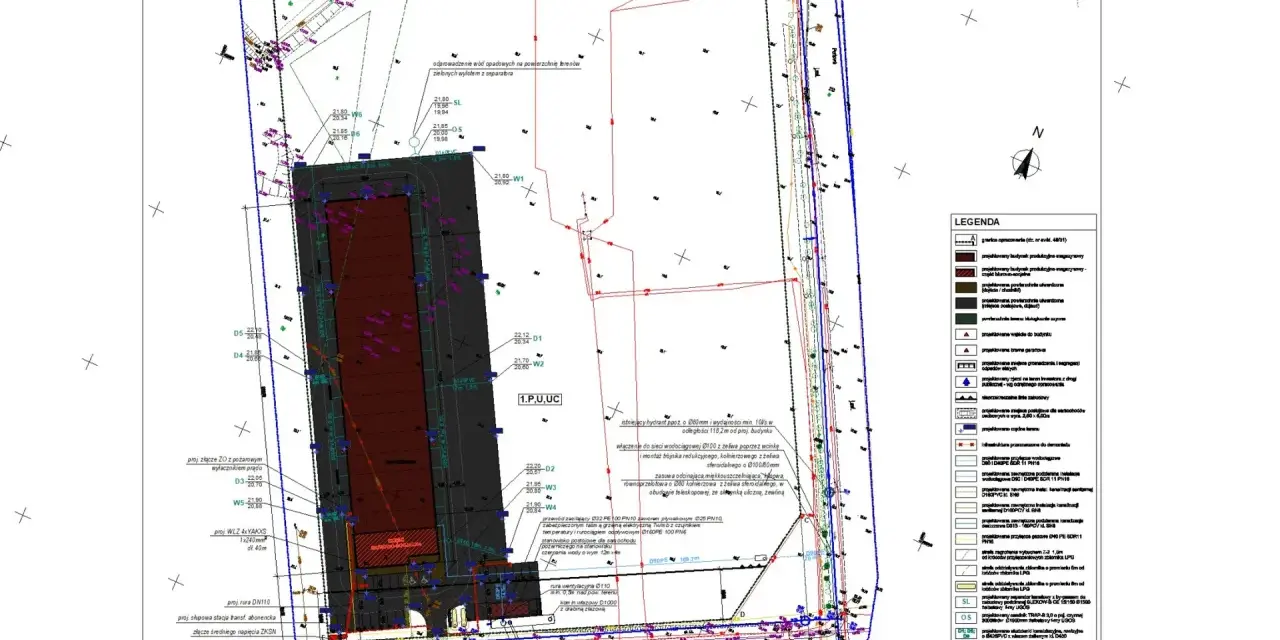 Plan zagospodarowania terenu z zaznaczonym zgłoszeniem pracy geodezyjnej, infrastrukturą podziemną i naziemną.