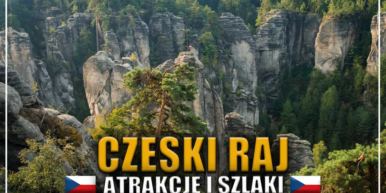 Imponująca, hruba skala w Czeskim Raju, porośnięta drzewami, z widoczną flagą Czech.