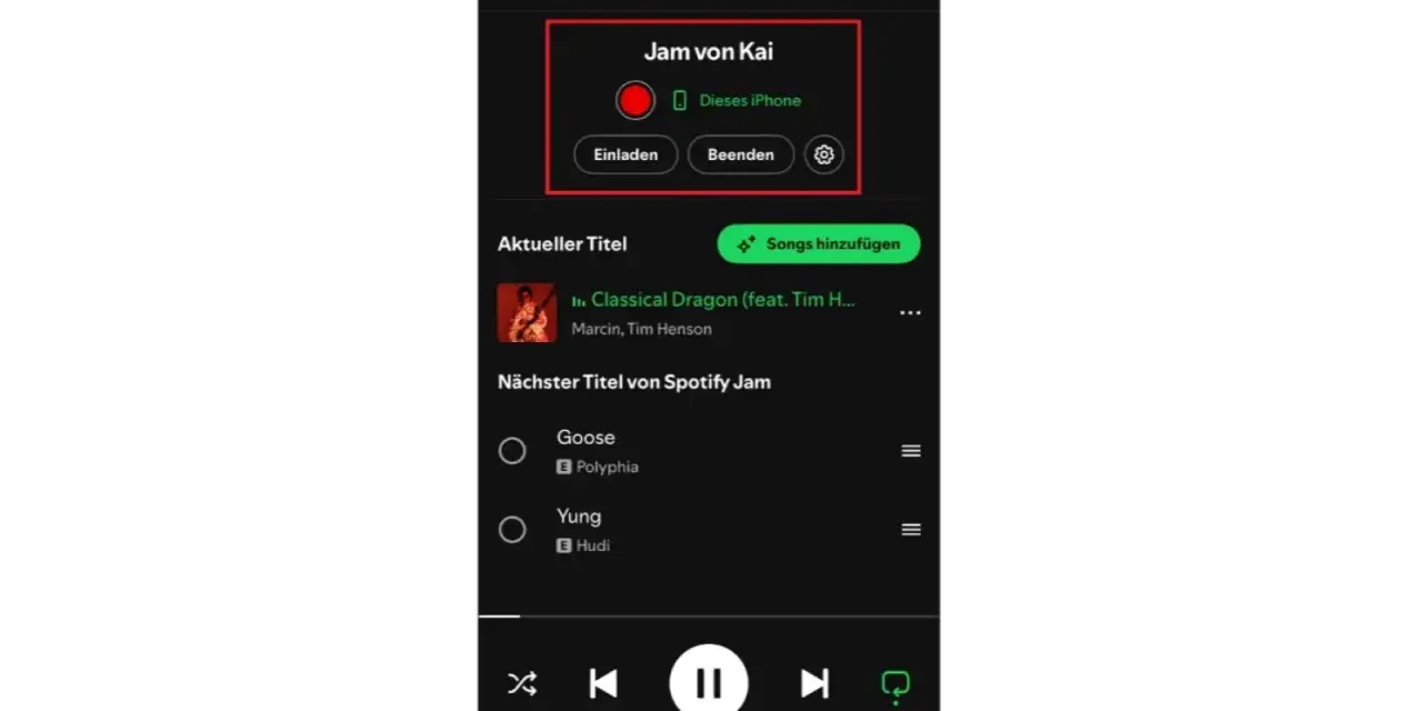 Spotify Jam Session von Kai: "Classical Dragon" läuft, "Goose" und "Yung" sind als nächste Titel gelistet.