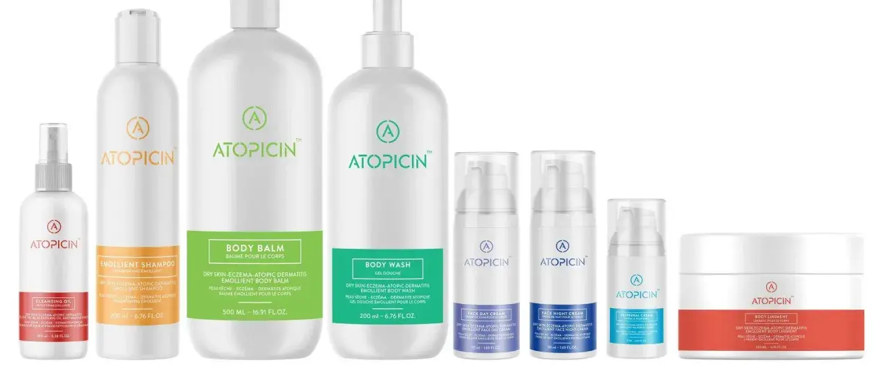Linia produktów Atopicin: szampon, balsam, żel pod prysznic, kremy do twarzy i balsam do ciała. Idealne dla skóry z egzemą, zapewniające ulgę i nawilżenie.
