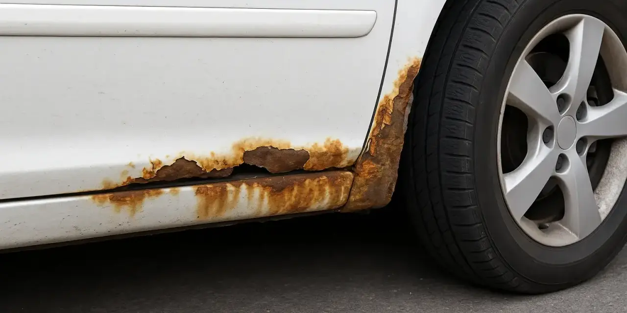 Rostfläckar på en vit bil, där billack har börjat lossna och blottlägga metallen. Dags att ta bort billack och rost.